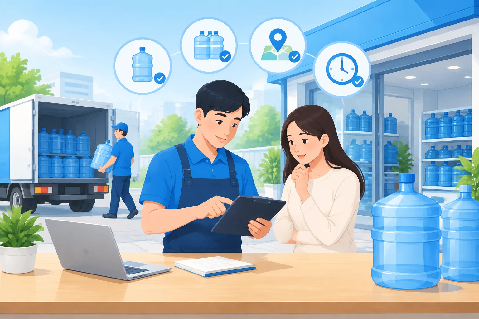 微信订水系统:客户选错桶型或数量,门店确认环节应核对哪些字段,AI 生成场景示意