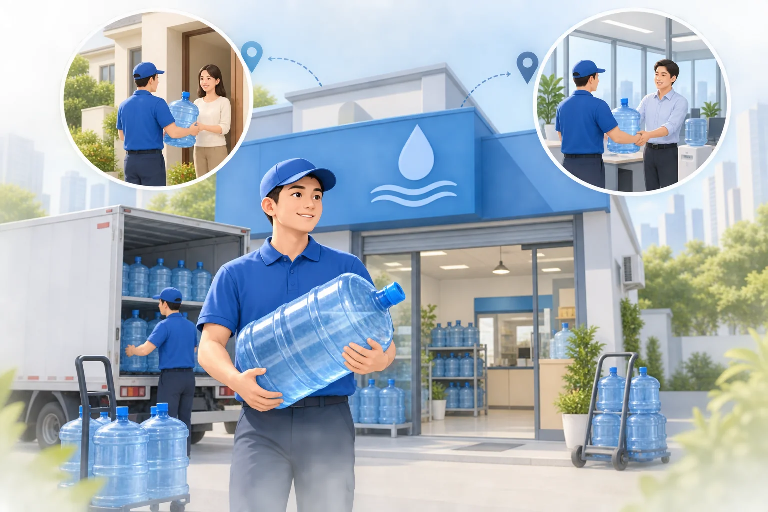 一个客户多个送水地址,水站怎样建档、分配与结算,AI 生成场景示意