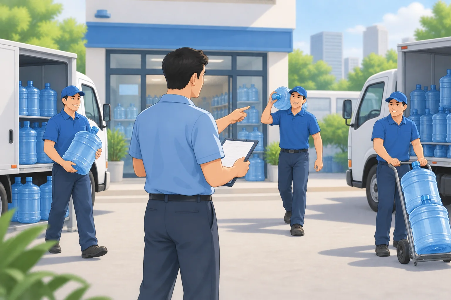 多个送水工怎么分单：按区域、预约时段和负荷制定人工派单规则，AI 生成场景示意