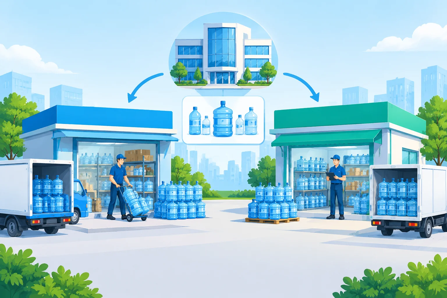 连锁水站管理系统：总部统一商品名称后，直营与加盟水站怎样保留独立库存和收入核算，AI 生成场景示意