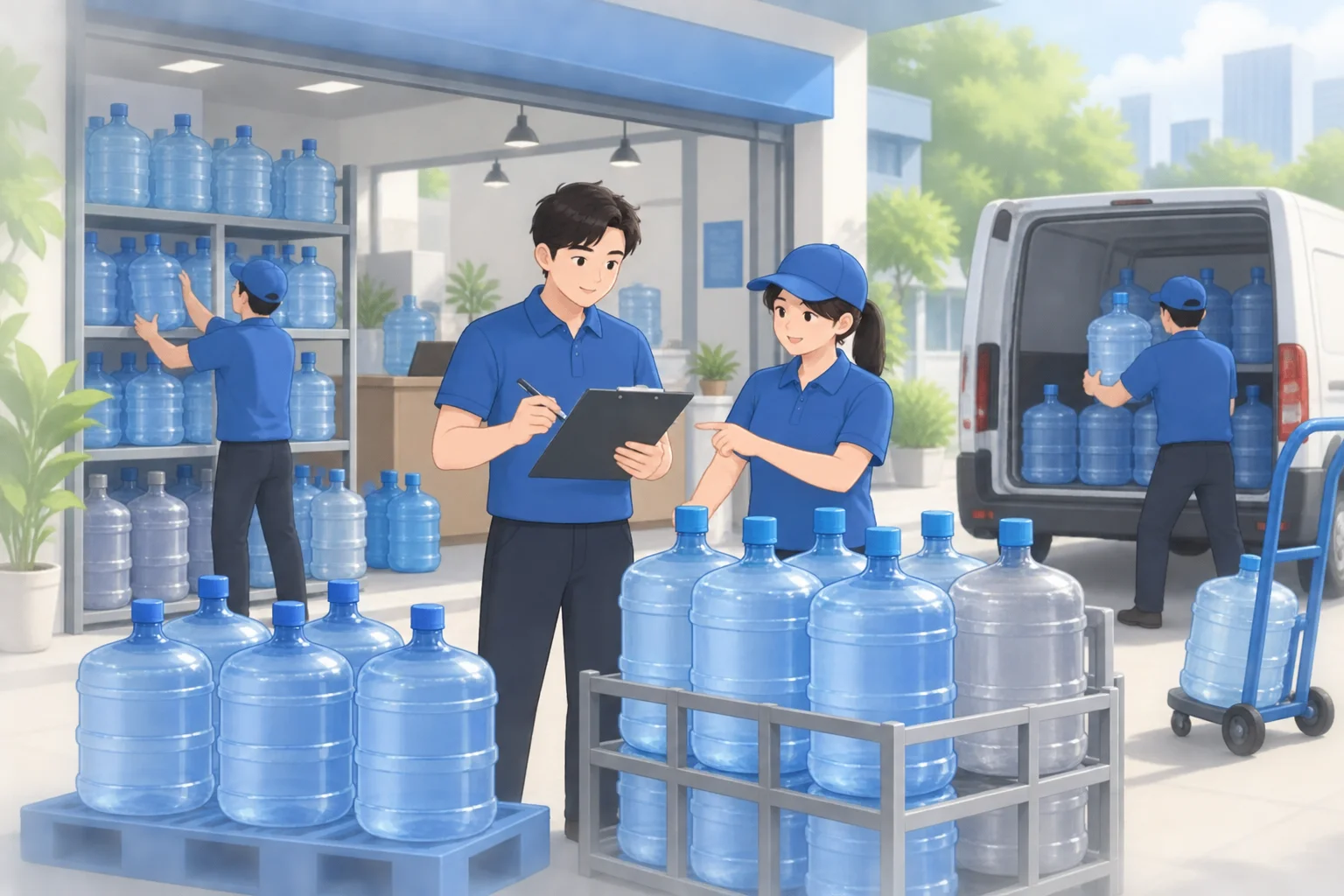 多品牌桶装水库存管理：按品牌和状态登记满桶、空桶与报损，AI 生成场景示意