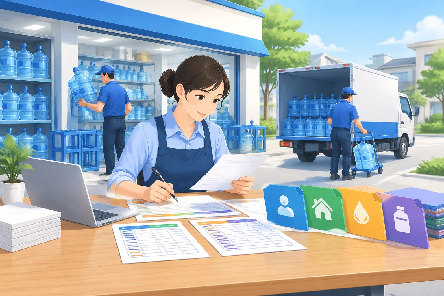 水站Excel客户导入系统前:按客户类型、地址、水票余额与押桶分表整理,AI 生成场景示意